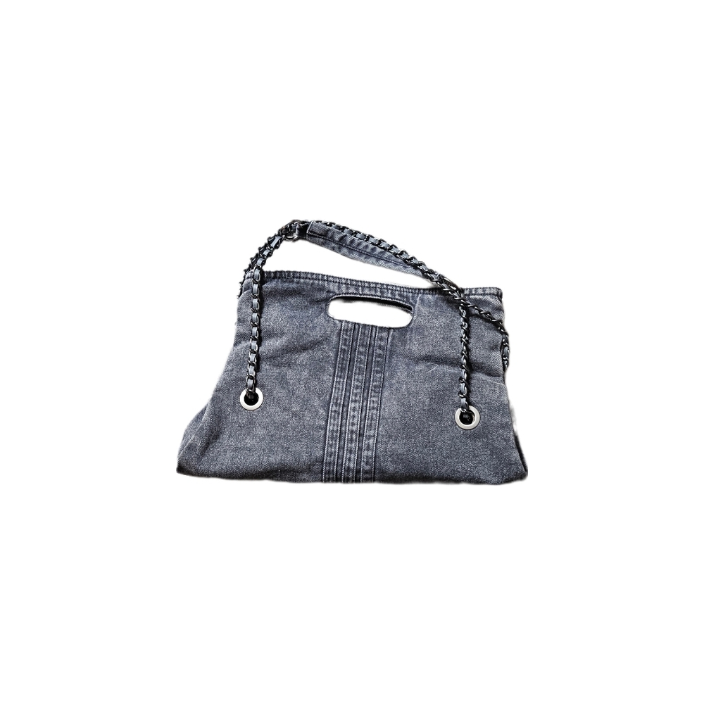 Gray Denim Shoulder Bag with Chain Strap & Cut-Out Handle